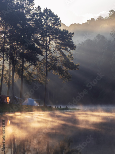 Landscapes of reservoirs and fog during the Welsh morning