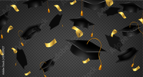 Flying graduation caps with confetti. Academic hats in air with golden ribbons. Vector background for college school, university, education.