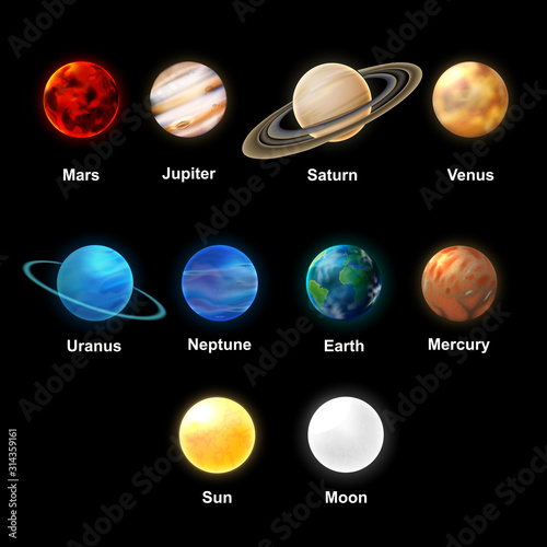The Sun and planets of the Solar System on transparent background, realistic vector illustration.