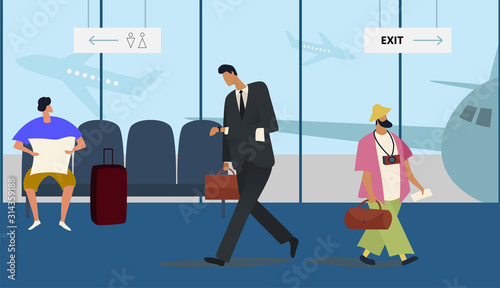 People in the airport duty free zone, rest before boarding on the plane. Vector illustration in a flat style