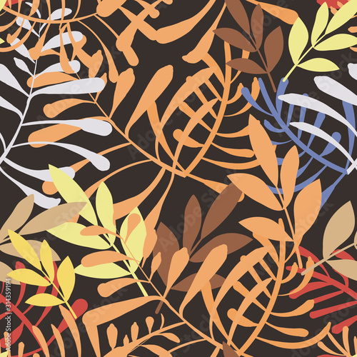 Vector image of colorful leaves and twigs in the jungle on a dark background. Seamless pattern for wallpaper, textile and wrappers.