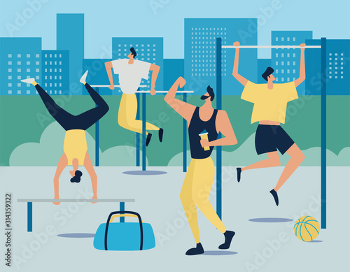 Men outside workouts, physical activity in the sport area, men doing different training. Workout at sports equipment. Street workout exercises.