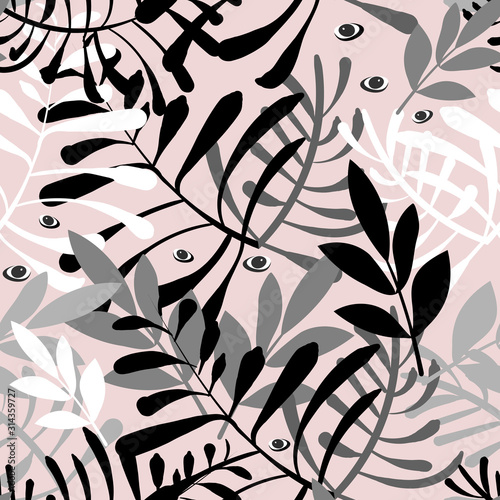 Vector image of stems and leaves of white and black on a pale pink background. Seamless pattern for textile, wrapping paper and wallpaper.