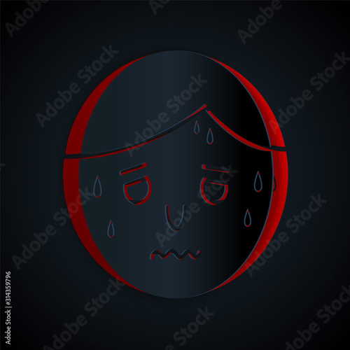 Paper cut Man with excessive sweating icon isolated on black background. Paper art style. Vector Illustration