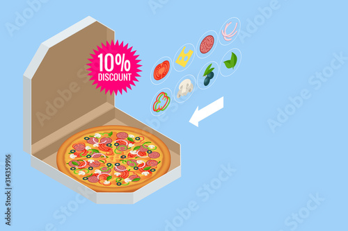 Isometric delicious pizza with ingredients and spices. Slice of fresh Italian classic Pizza isolated on white background. Hot Tasty Pizza, used for design and branding.