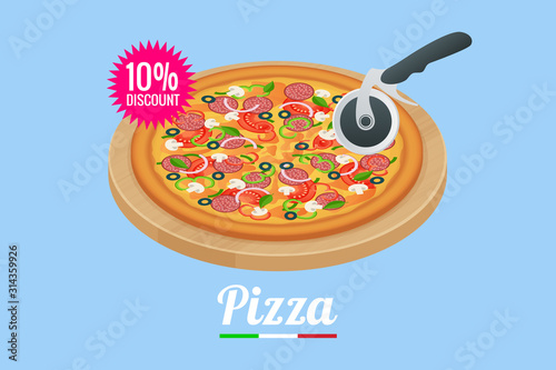 Isometric delicious pizza with ingredients and spices. Slice of fresh Italian classic Pizza isolated on white background. Hot Tasty Pizza, used for design and branding.