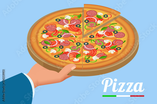 Isometric delicious pizza with ingredients and spices. Slice of fresh Italian classic Pizza isolated on white background. Hot Tasty Pizza, used for design and branding.