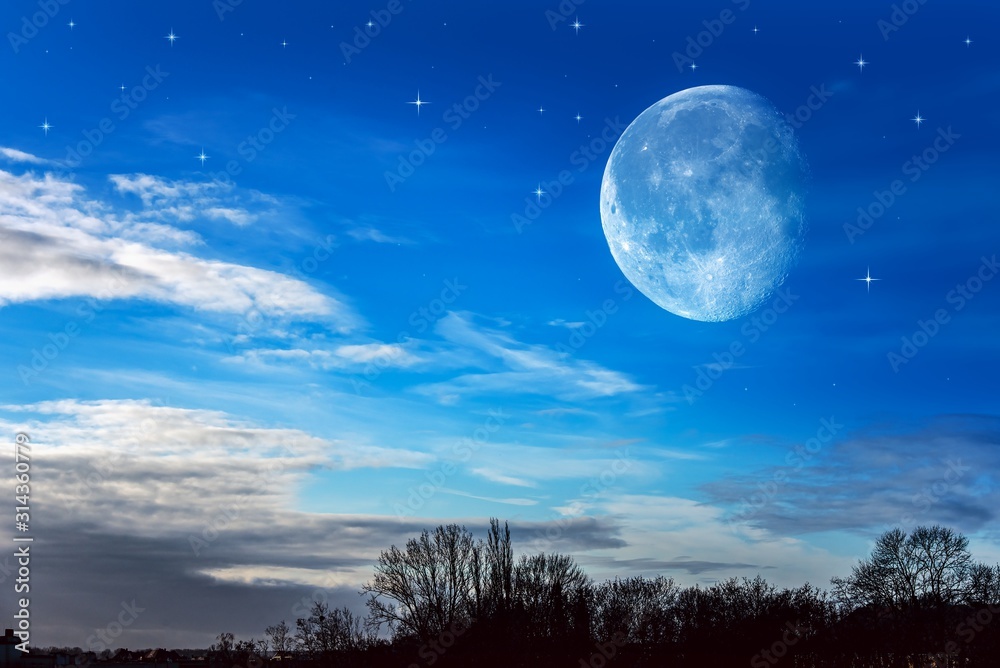  Moon and beautiful night with stars . New moon . Religion background .