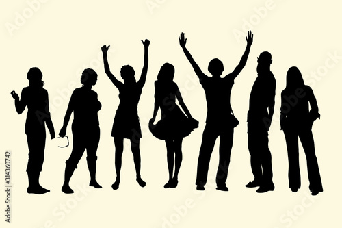Vector silhouettes of tourists standing in a row, a group of 7 people of different ages, gender and height. The concept of positive, holiday, joy. Youth at a party, friends during a meeting.