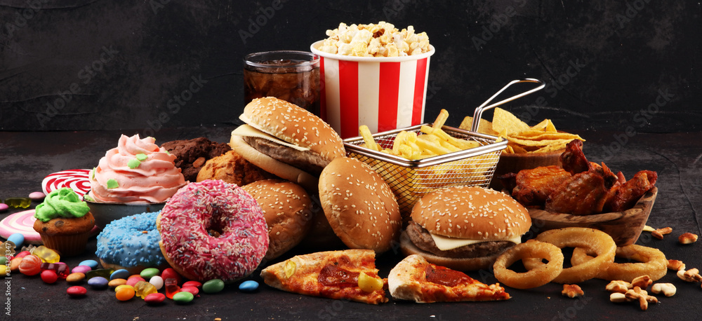 Unhealthy products. food bad for figure, skin, heart and teeth. - obrazy, fototapety, plakaty 