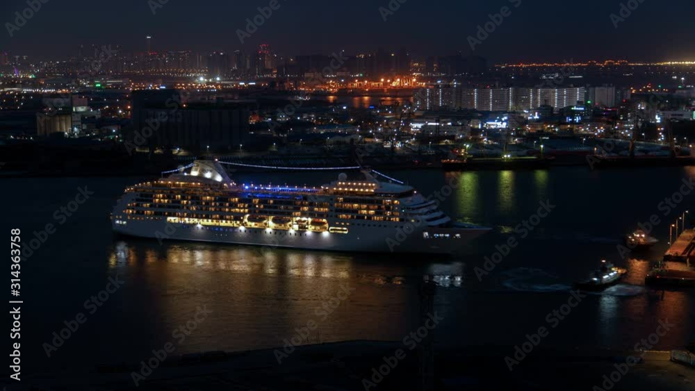 Cruise Ship on River Incheon Illumination South Korea timelapse Cityscape Cruise Ship on River Incheon Illumination South Korea timelapse Cityscape