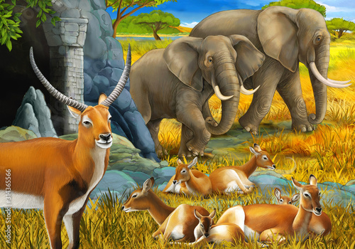 cartoon safari scene with family of antelopes and elephant on the meadow illustration for children