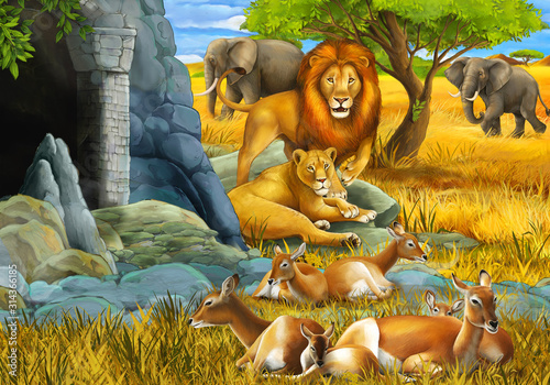 cartoon safari scene with family of antelopes lion and elephant on the meadow illustration for children