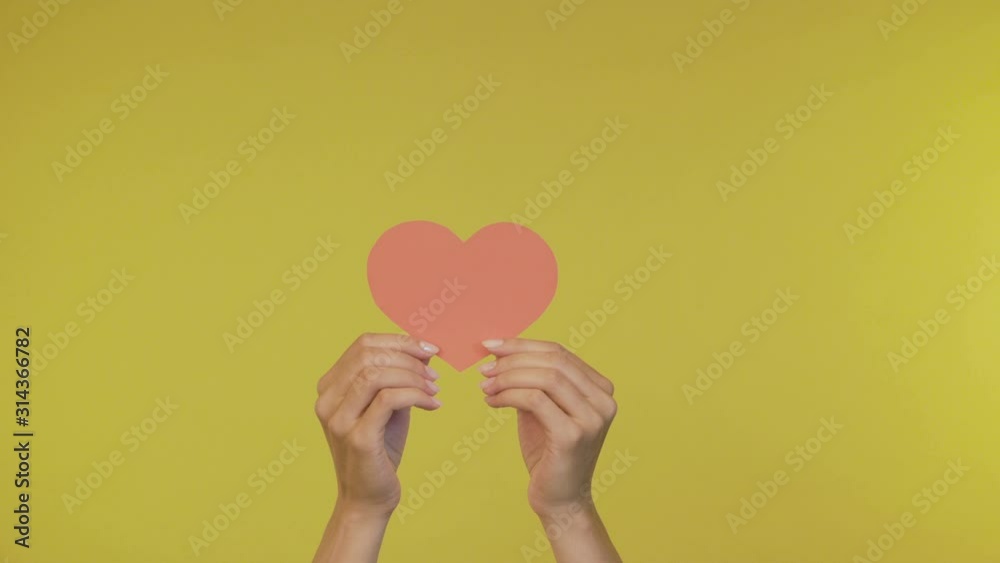 Female hands hold a paper big heart on an isolated yellow background. 4K Female hands hold a paper big heart on an isolated yellow background. 4K