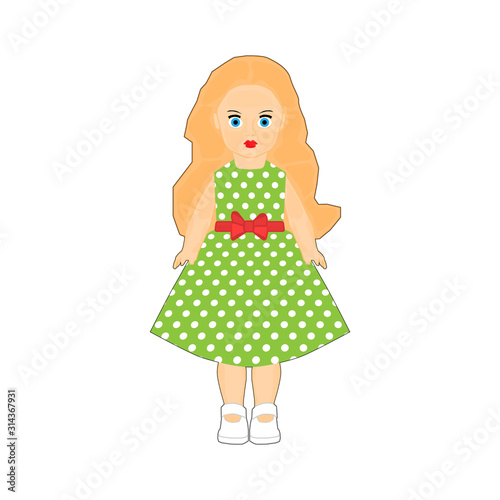 Doll of a little girl in a green dress on a white background