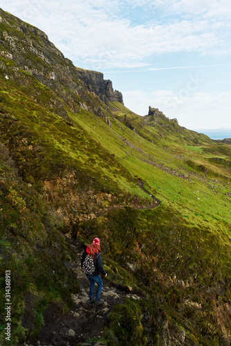 Hiking in the Quiraing mountains on the Isle of Skye in Scotland