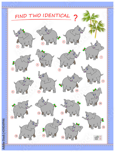 Logic puzzle game for children and adults. Need to find two identical elephants. Printable page for kids brain teaser book. Developing spatial thinking skills. IQ training test. Vector cartoon image.