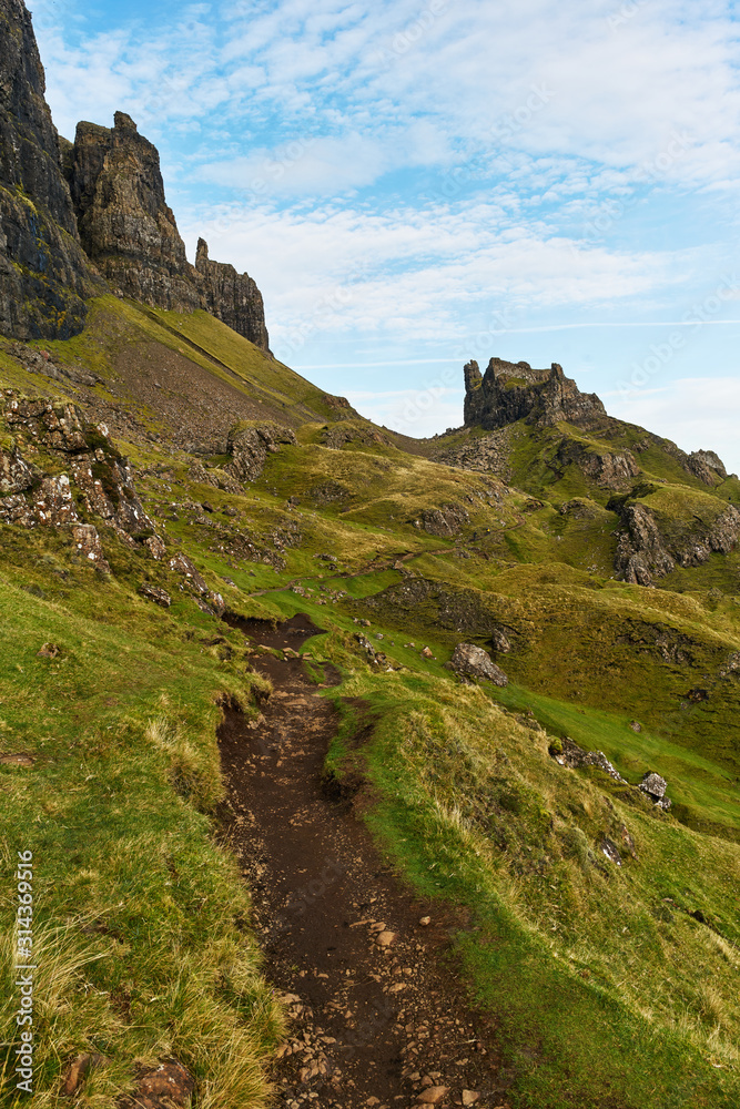 Hiking in the Quiraing mountains on the Isle of Skye in Scotland