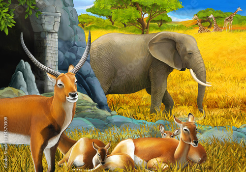 Fototapeta Naklejka Na Ścianę i Meble -  cartoon safari scene with family of antelopes and elephant on the meadow illustration for children