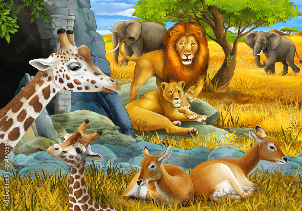 Naklejka premium cartoon scene with safari animals giraffe and elephant on the meadow illustration for children