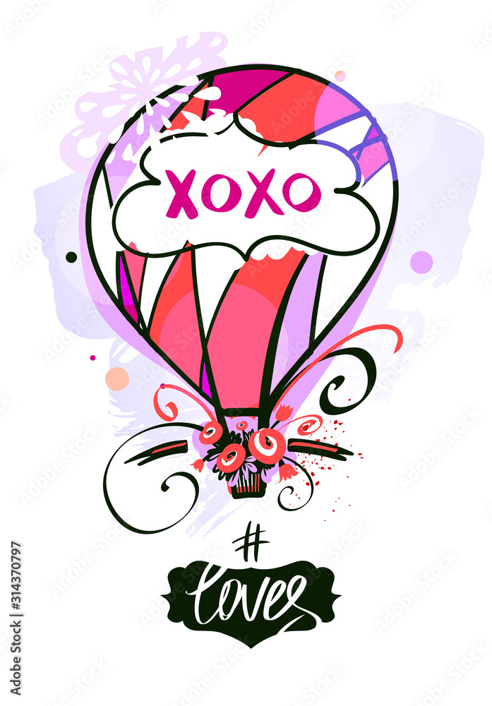 Valentine day. Happy spring  party. Love you. Xoxo. Romantic collection. Quote, text, hashtag, tag. Template for party invitation, banner, flyer, postcard.Sketch vector illustration.