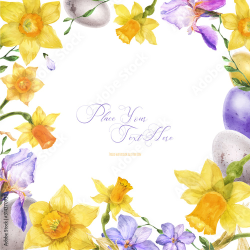 Easter watercolor floral frame with spring flowers and eggs on a white background, traced