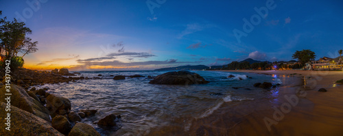 Panoramic picture of empty Kamala beach on Phuket in Thailand during sunset in summer