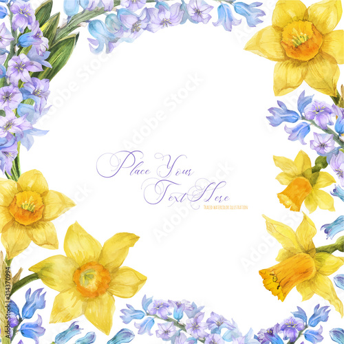 Spring watercolor frame with daffodil and hyacinth flowers on a white background, traced