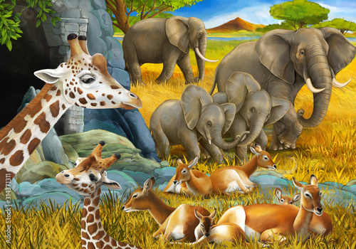 cartoon scene with safari animals giraffe antelope and elephant on the meadow illustration for children