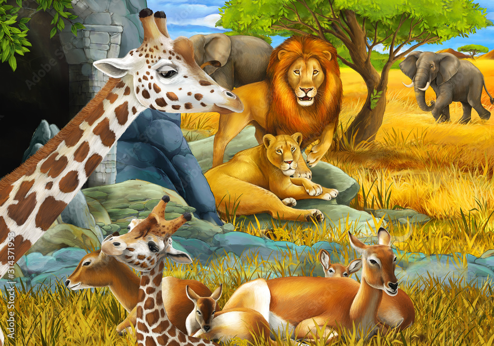 cartoon scene with safari animals giraffe antelope lion and elephant on ...