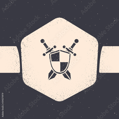 Grunge Medieval shield with crossed swords icon isolated on grey background. Monochrome vintage drawing. Vector Illustration