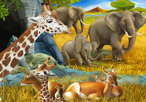 cartoon scene with safari animals giraffe antelope and elephant on the meadow illustration for children