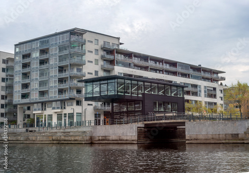 Stockholm sleeping area, residential buildings on the canal