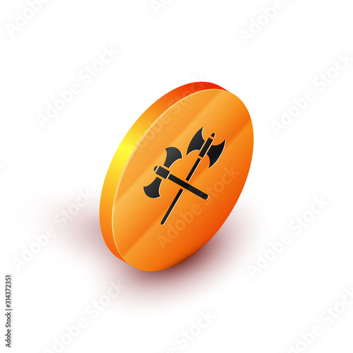 Isometric Crossed medieval axes icon isolated on white background. Battle axe, executioner axe. Orange circle button. Vector Illustration