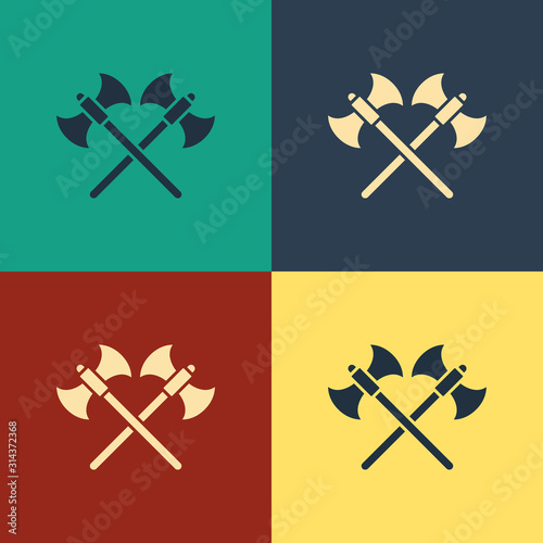 Color Crossed medieval axes icon isolated on color background. Battle axe, executioner axe. Vintage style drawing. Vector Illustration