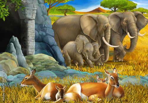cartoon scene with safari animals elephant and antelope on the meadow illustration