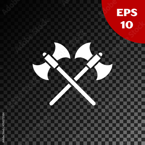 White Crossed medieval axes icon isolated on transparent dark background. Battle axe, executioner axe. Vector Illustration