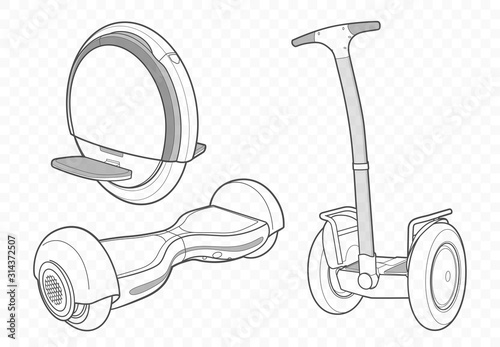 Mono wheel, gyro skooter, overboard and bike in vector illustration. Outline sketch of electric scooter.