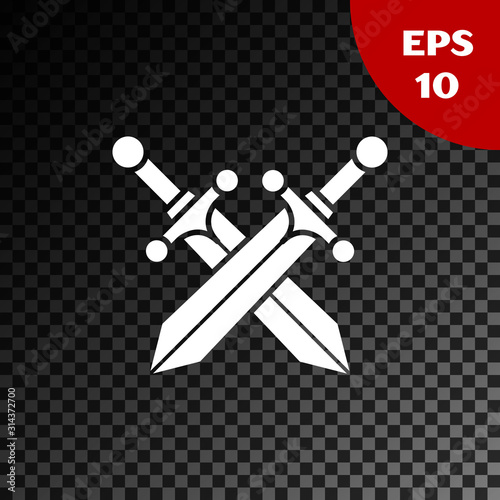 White Crossed medieval sword icon isolated on transparent dark background. Vector Illustration