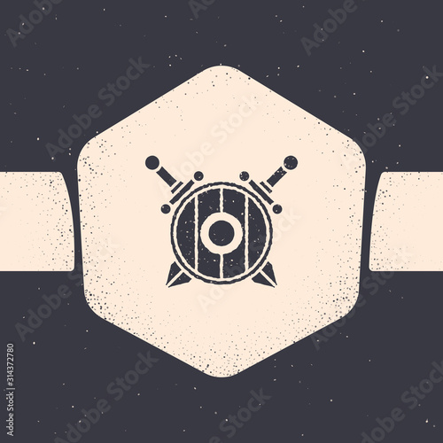 Grunge Medieval wooden shield with crossed swords icon isolated on grey background. Monochrome vintage drawing. Vector Illustration
