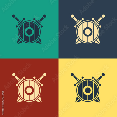 Color Medieval wooden shield with crossed swords icon isolated on color background. Vintage style drawing. Vector Illustration
