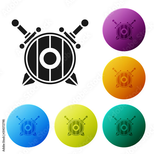 Black Medieval wooden shield with crossed swords icon isolated on white background. Set icons colorful circle buttons. Vector Illustration