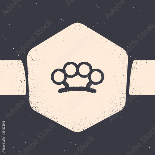 Grunge Brass knuckles icon isolated on grey background. Monochrome vintage drawing. Vector Illustration
