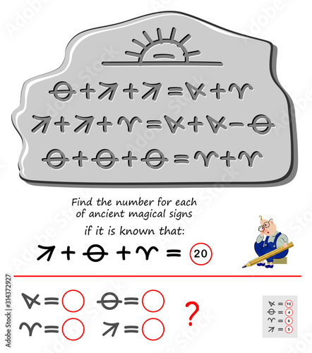 Mathematical logic puzzle game for children and adults. Find the number for each of ancient magical signs. Printable page for brain teaser book. Developing kids counting skills. IQ test.