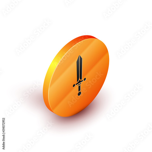 Isometric Medieval sword icon isolated on white background. Orange circle button. Vector Illustration