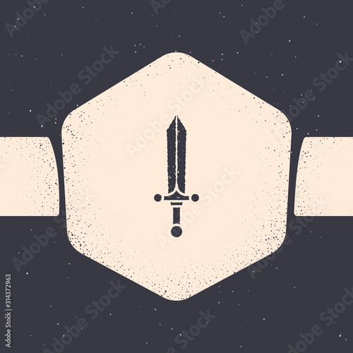 Grunge Medieval sword icon isolated on grey background. Monochrome vintage drawing. Vector Illustration