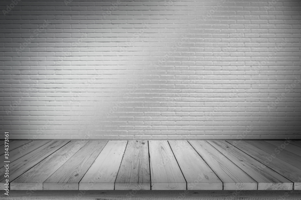 Fototapeta premium Empty wooden table top isolated on white brick white background, Design Wood terrace white. Free space for your copy and branding. Can be used as product display montage. Vintage style concept.