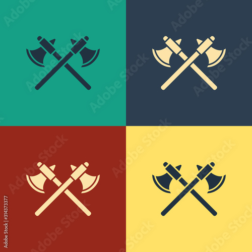 Color Crossed medieval axes icon isolated on color background. Battle axe, executioner axe. Vintage style drawing. Vector Illustration