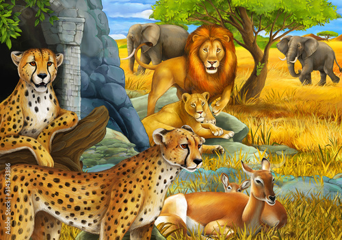 Photography cartoon scene with safari animals cheetah antelopes lions and elephants on the m