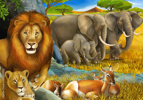 cartoon safari scene with lions resting and elephant on the meadow illustration for children